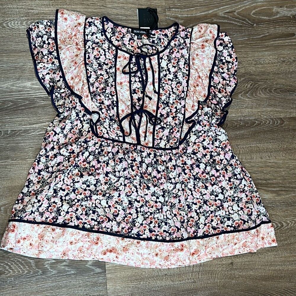 Dear John botanical floral ruffle tie front blouse S